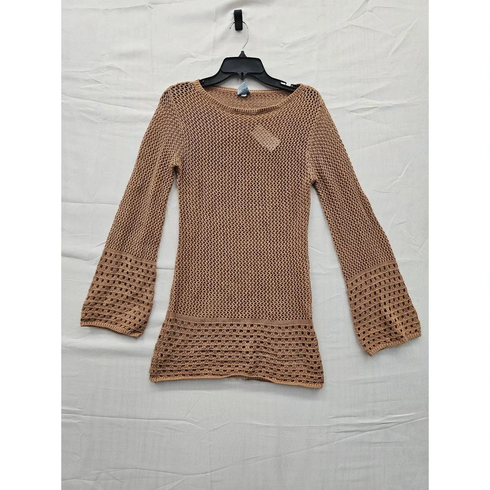 Shade & Shore Womens XS Copper Brown Crochet Open Knit Bell Sleeve Cover Up‎ Top